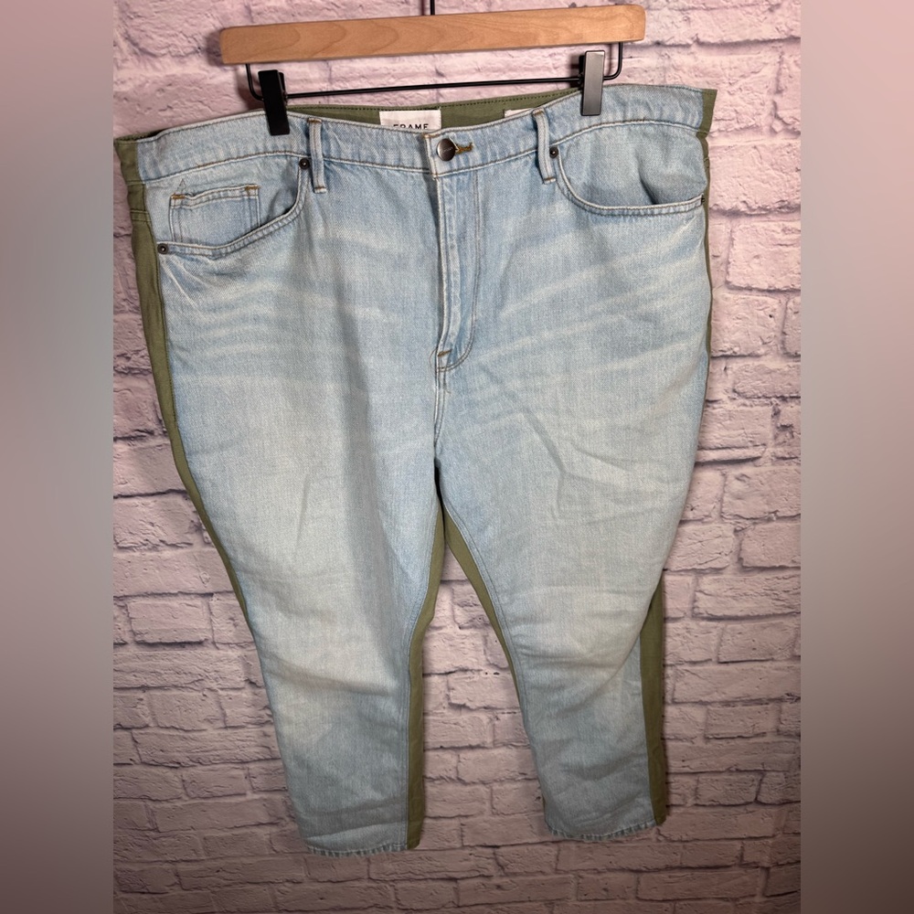 Frame Denim Le Beau Jeans Size‎ 34 Two Tone Light Wash Denim & Green Khaki